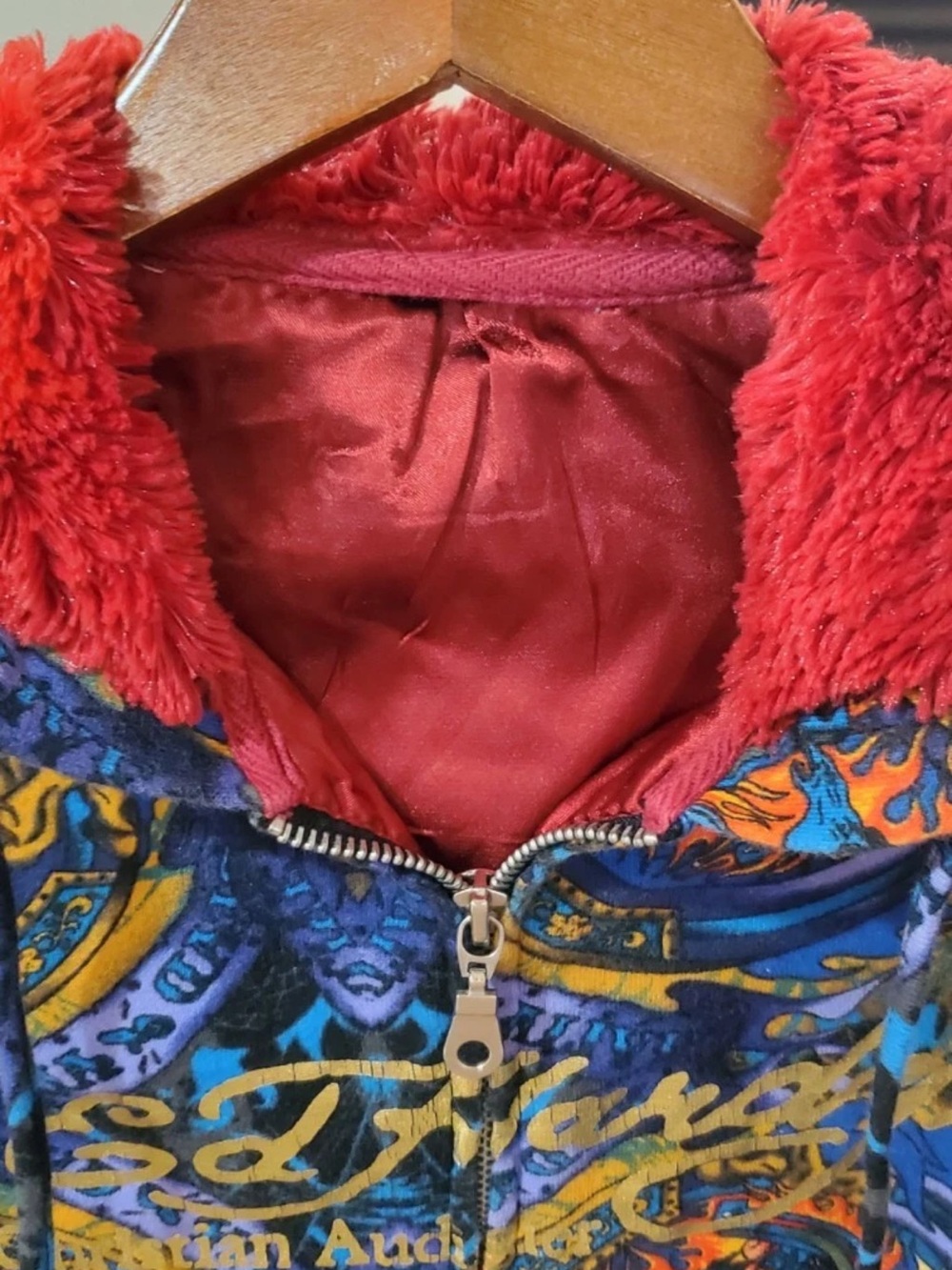Ed Hardy Blue & Multicolor Patterned Teddy Jacket with Red Faux-Fur Collar